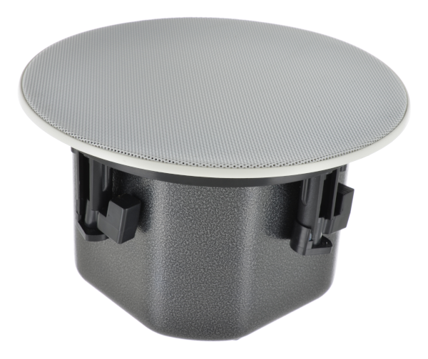 Oaktron by MISCO 4" (100 mm) Coaxial Ceiling Speaker Assembly with a white magnetic grille and swivel-out mounting tabs.
