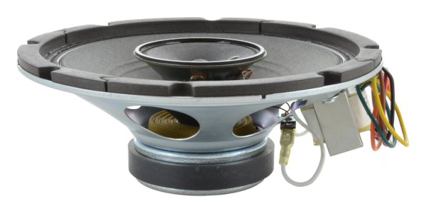 The image shows a high-performance, full-range Oaktron by MISCO coaxial speaker with an 8-inch stamped steel basket and a 3-inch tweeter. It also has a 4-watt transformer, 70-volt output, and a paper cone with a ferrite magnet. The speaker is ideal for paging, public communications, and background music.